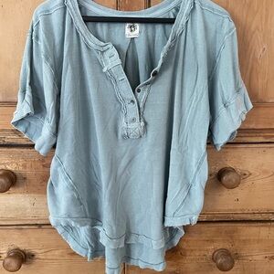 We the Free People Heritage Henley Slouchy Boho Linen Tunic Top Smokey Blue L